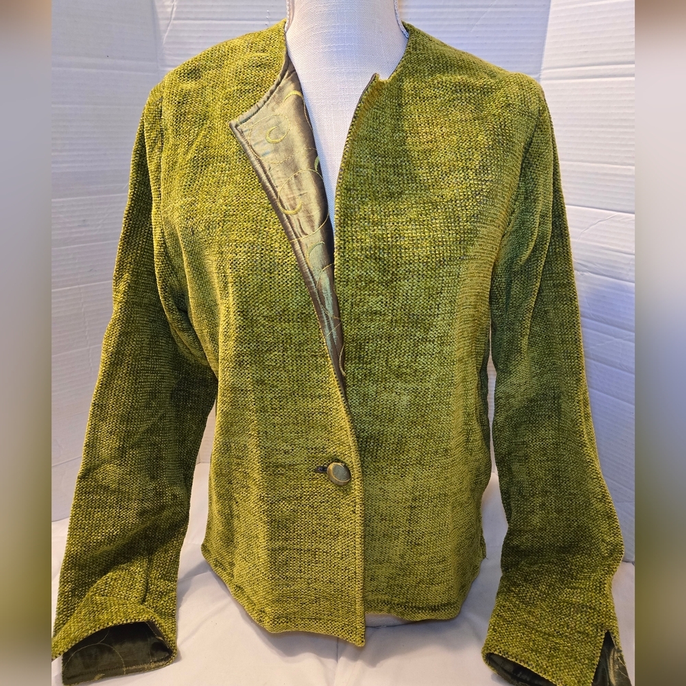 Rare Fiber Artist LYNN YARRINGTON Rust Chenille Blazer Coat Green Pistachio Sz M